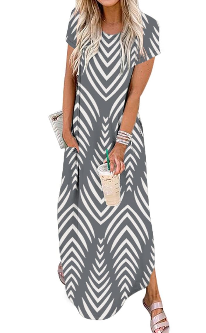 Jeqeocafy Women Summer Long Sundress Crewneck Short Sleeve Maxi Dress 2026 Casual Loose Beach Dress with Pockets
