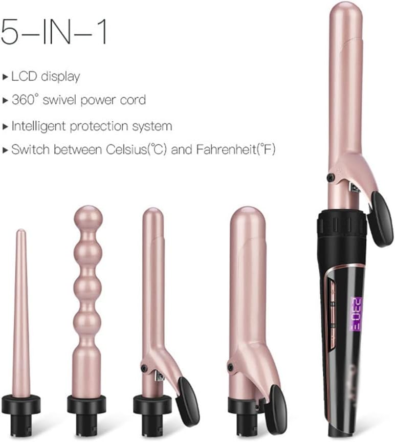 5 in 1 Ceramic Hair Curler Curling Iron Wand Roller Set Interchangeable Barrels Curls Wave + Heat Resistant Glove Styling Tool