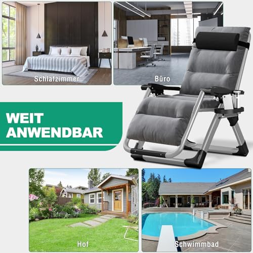 Ryuhic - Tumbona plegable para el sol, silla de terraza, con capacidad de carga de 200 kg, silla de gravedad cero con soporte de cojín, portavasos, tumbona de jardín extraancha ajustable para patio - imagen 6