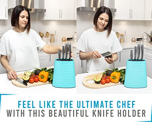 Knife Block For Kitchen Storage W/Removable Bristles - Convenient & Secure Knife Stand For Holding Small & Large Knives- Blue #TOP2