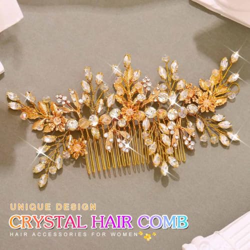 Image of Evild Rhinestone Wedding Hair Comb Leaf Bead Bride Headpieces Hair Clip Crystal Bridal Headdress Flower Wedding Hair Accessories for Brides and Bridesmaids (Gold)