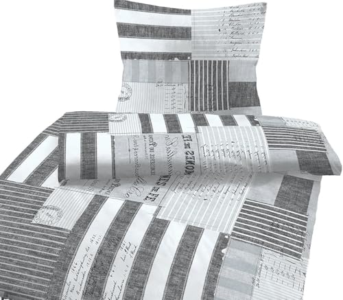 Soma Fein-Biber Bettwäsche Set 155x220 2tlg grau anthrazit | Kissen 80x80 cm | Karo Streifen Schrift Soma Fein-Biber Bettwäsche Set 155x220 2tlg grau anthrazit | Kissen 80x80 cm | Karo Streifen Schrift