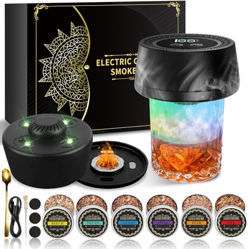 Electric Whiskey Smoker Kit with 6 Wood Chips Rechargeable Cocktail Smoker Built-in Lighter Old Fashioned Bourbon Drink Smoker Kit Cool Gadgets Birthday Gifts for Men Dad Husband No Butane Needed