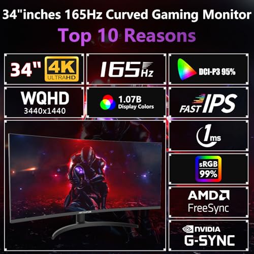 Image of 34 Inch Curved Ultra Wide WQHD 4K (3440 x 1440) Gaming Monitor, 165Hz 1500R-PIP /PBP, 1ms (MPRT), HDR400, DCI-P3 95%,FreeSync & G-Sync, 2 x DP 1.4 and 2 x HDMI 2.0, Tilt Height Adjustment