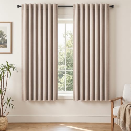 Topfinel 72 Inch Blackout Curtains for Bedroom Heat Blocking Linen Blended Energy Efficient Insulated Boho Farmhouse Cabin Closet Natural Beige Bay Windows Drapes 2 Panels Set Back Tab