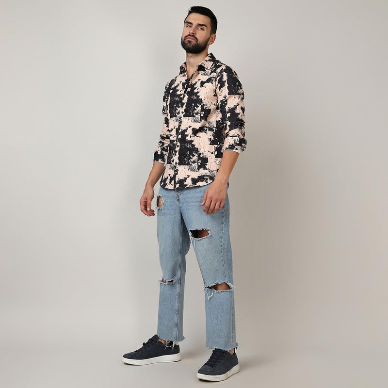 Image of CAHOOT Men's Self-Design Striped Shirt for Casual Wear | Spread Collar | Long Sleeve | Button Closure | Shirt Crafted with Comfort Fit for Everyday Wear