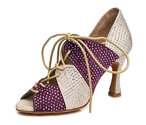 Minishion Dance Shoes For Women Lace-Up High Heel Latin Sandals L460 Nude/Purple Us 8.5 #TOP7