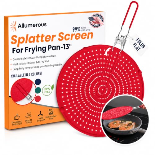 Silicone Splatter Screen for Frying Pan, 13” Red – Folds Flat with Sleeves, Dishwasher Safe Grease & Oil Splatter Guard, Heat Resistant Splash Guard Fits 10–12” Pans, Most 13” Skillets - image 1