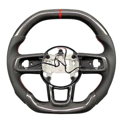 Carbon Fiber Steering Wheel for Jeep Wrangler 2018-2024 JL/JLU/JT Nappa Perforated Leather Grip Hand-Stitched with Hand Stitching D-shaped Steering Wheel (Red return marker with heat)