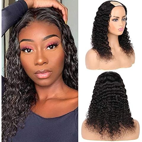Huarisi Deep Wave U Part Wig Human Hair 16 Inch Real Hair Wigs for Black Women Short U Wigs None Lace 9a Unprocessed Brazilian Deep Curls Half Wigs Natural Colour Can be Dyed Cover