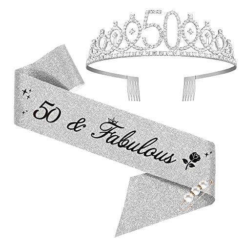 Moitkptt 50 & Fabulous Couronne Anniversaire Écharpe, Diadème Princesse Reine Décoration 50 Ans Femme, Cadeau (Argent)