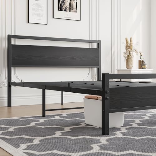 Image of HOJINLINERO Full Size Bed Frame with Headboard,Platform Metal Bed Frame Full Size,Black Wood Bed Frame No Box Spring Needed Heavy Duty Metal Slats Support,Mattress Beds Base,Noise Free,Easy Assembly