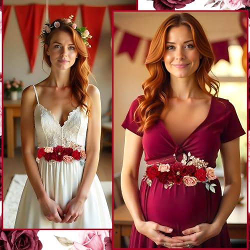 Burgundy Red Flower Belt Maternity Sash, Rose Gold Handmade Flower Belly Belt for Wedding Baby Shower Gender Reveal Party Decorations Supplies Photo Props2