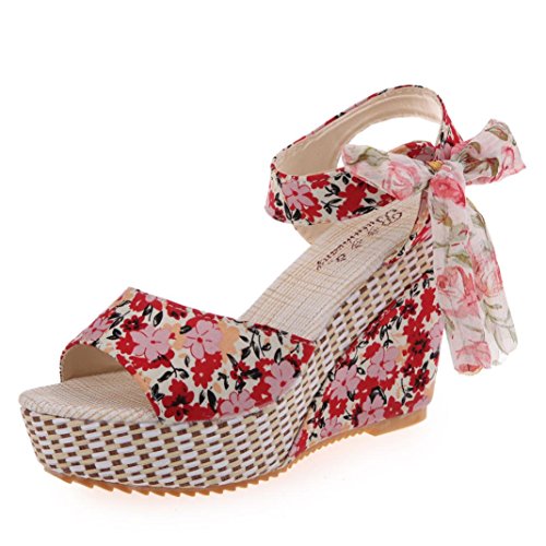 Yesmile Sandalias para Mujer Zapatos Casual de Mujer Sandalias de Verano para Fiesta y Boda Moda Slope con Chanclas Sandalias Mocasines con Florales (37, Rojo)
