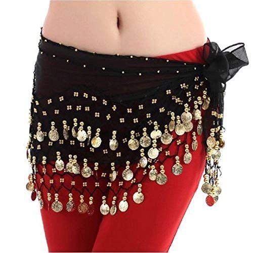 Fancy Steps Belly Dance Chiffon Hip Scarf Wrap Belt Tribal Coin Sash Gold Coins (Black Belly dance)