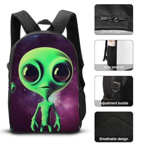 3 Piece Backpack for Women Men Lightweight Causal Daypack Shoulder Bag Set with Insulated Lunch Bag And Pencil Case Organizers Green Alien3
