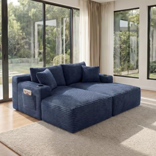 Image of 133 inch Oversized Cloud Boneless Sofa Couch with Chaise, Modern Corduroy U Shaped Modular Sectional Sofa with Deep Seat, Comfy Couch with Cupholders and Storage, No Assembly Required-Blue