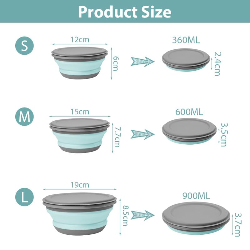 flintronic 3Pcs Collapsible Camping Bowl Sets, Portable Silicone Bowl with Lid, Folding Bowl, Portable Salad Bowl, Folding Lunch Box for Camping, Hiking, Kitchen, Green