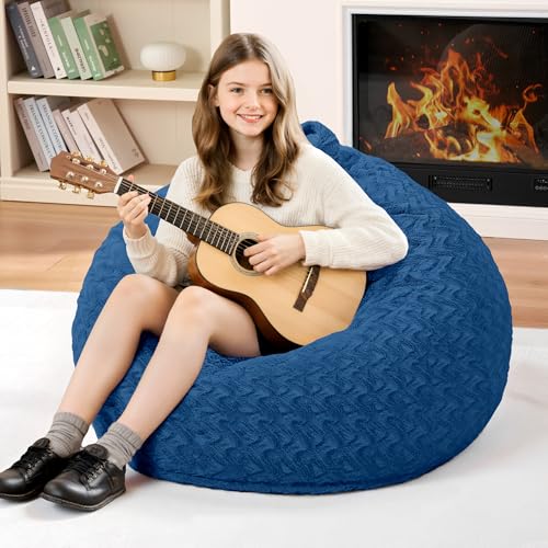 Image of HABUTWAY 2FT Bean Bag Chair,Giant Bean Bag Chairs for Adults,Big Bean Bags with Memory Foam Filled, Large Beanbag Chairs with Chevron Plush Cover-Blue