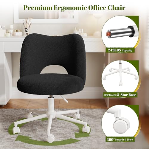 Image of DurayLoly Vanity Chair with Wheels, Soft Teddy Fleece Desk Chair, Breathable Open-Back, Height Adjustable Armless for Makeup Room, Bedroom, Dorm, Home Office, Black