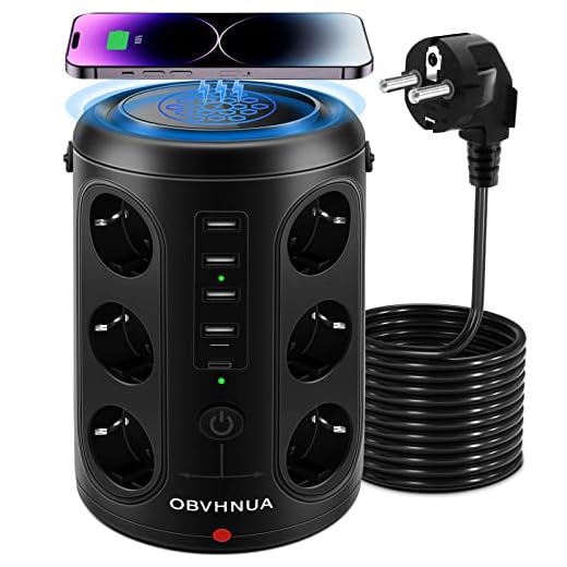 Regleta Enchufes Proteccion Sobretension, Regleta Vertical con 8 Enchufes & 3 Puertos USB & 10W Cargador Inalámbrico, 2 Interruptores Individuales, Base Enchufes Multiple de Seguridad 2500 W/15 A