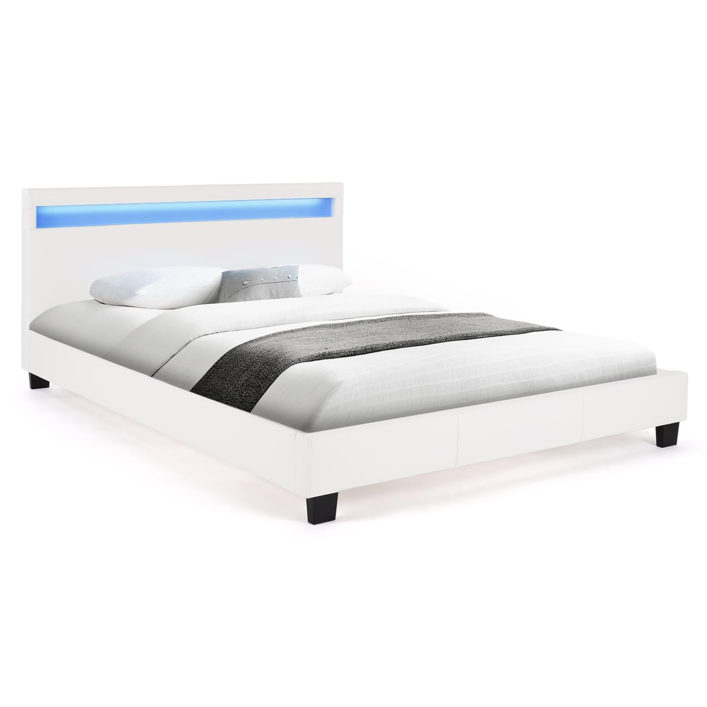 IDMarket - Lit Double Neo avec tête de lit LED intégrées et sommier 140 x 190 cm PVC Blanc