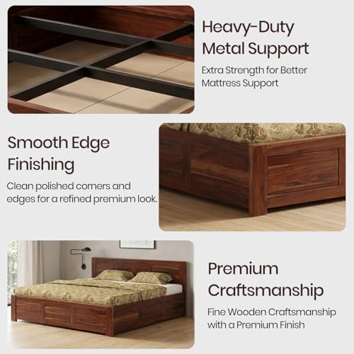 Image of WOODLAB Solid Sheesham Wood King Size Bed with Box Storage | Wooden Double Bed Cot for Bedroom | Heavy Duty Palang Bed Furniture | Modern Honey Finish