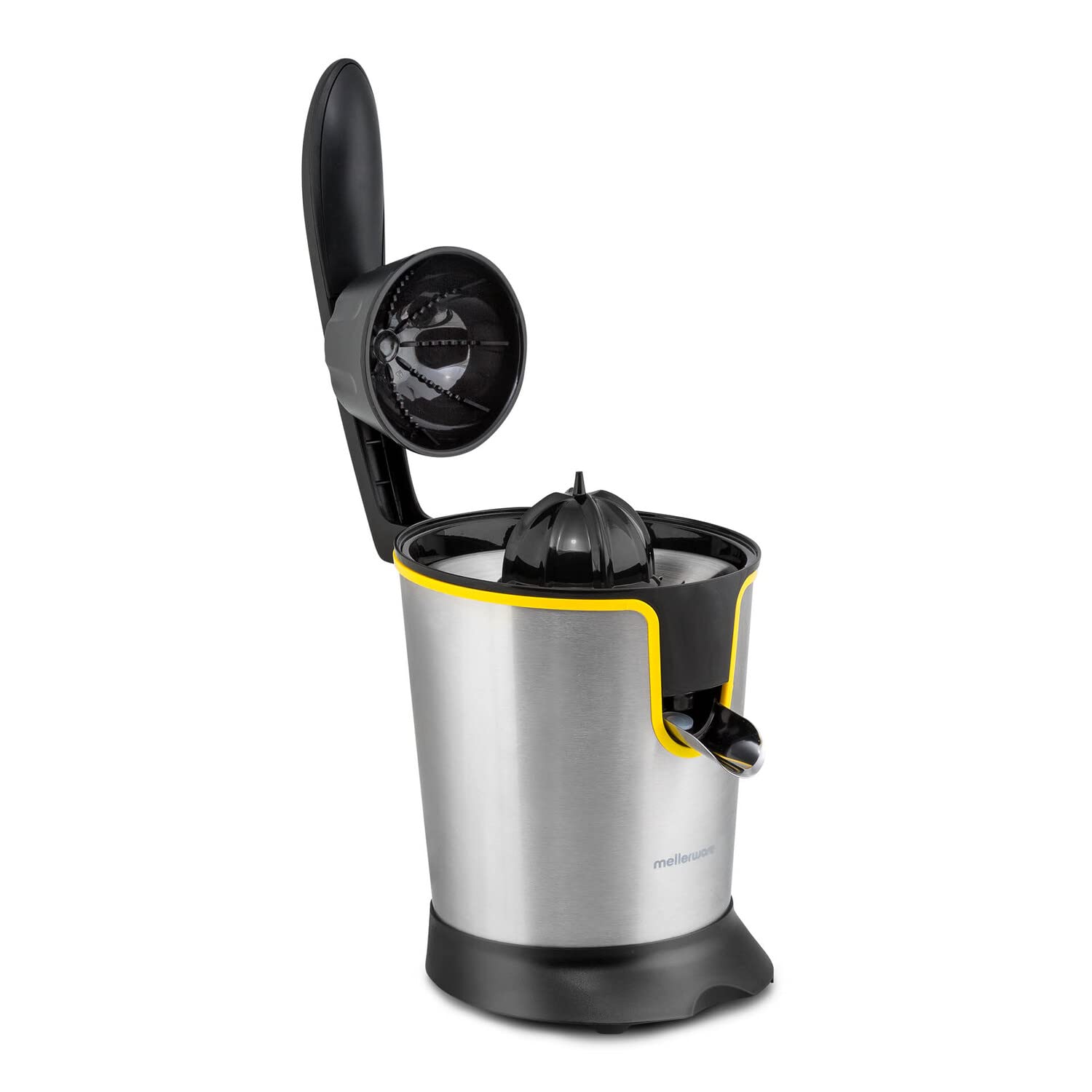 Mellerware - Exprimidor Eléctrico Profesional Juicy! 300W | Vertido Continuo | Sistema Antigoteo | 2 Filtros | 2 Conos intercambiables | Motor AC | Apto Lavavajillas | Zumos de naranjas | Amarillo