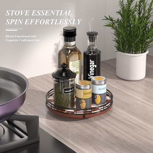 Image of Brown Checkered Lazy Susan Organizer, 9 Inch Rotating Spice Rack with Black Metal Rail, Wood Turntable Tray for Kitchen Countertop, Cabinet, Condiments, Oil Bottles and Coffee Bar