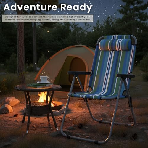 Image of ORILEY Folding Beach Chair with Adjustable Pillow and Arm Rest Portable Lightweight Rainbow Stripped Foldable Fishing Chairs for Travelling Picnic & Outdoor (Large, Blue & Green Stripe)