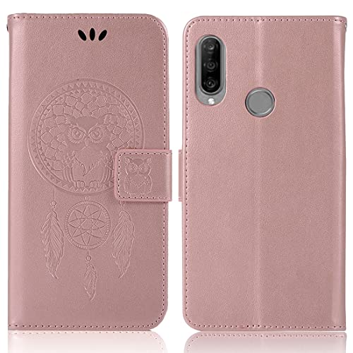 Sidande Case For Huawei P30 Lite/Nova 4E Mar-Lx3A Wallet Case With Card Holder, [Wrist Strap] Owl Premium Pu Leather Flip Phone Case Cover For Huawei P30 Lite (Rose Gold) #TOP4