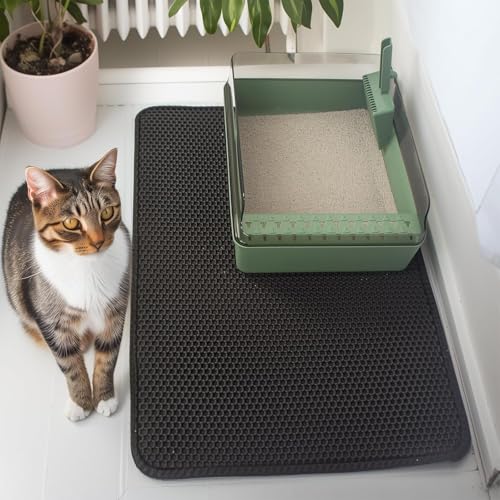 Cat Litter Mat 55x75cm Honeycomb Double Layer Litter Trapping Mat Waterproof & Washable EVA Pet Mat for Litter Boxes Non-Slip & Urine-Proof Floor Protector (Black)