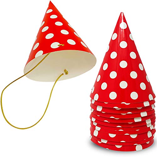 Kids Birthday Party Hats - Fully-Assembled CARDSTOCK - Red Paper Cones Polka Dot Hat