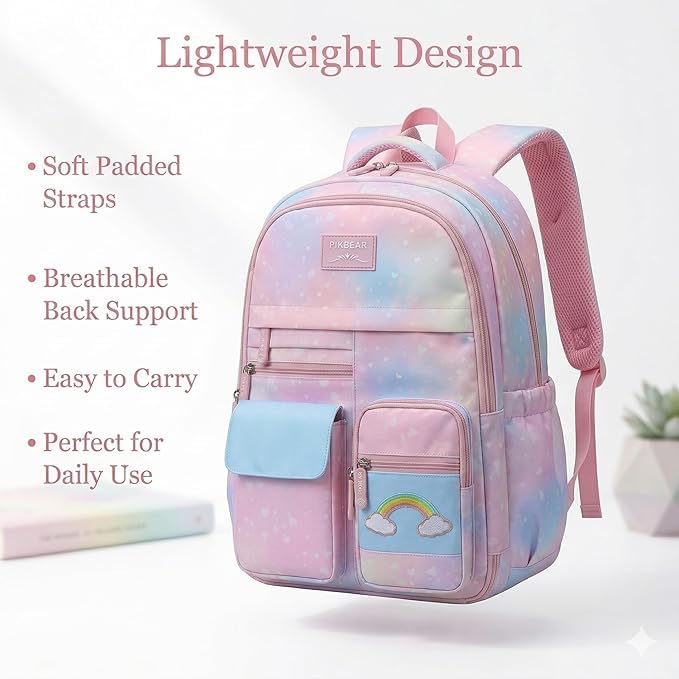 Image of Girls School Backpack Cute Pink Pastel Gradient Bag with Multiple Compartments Lightweight Durable Bookbag for Kids Students (purple bag)