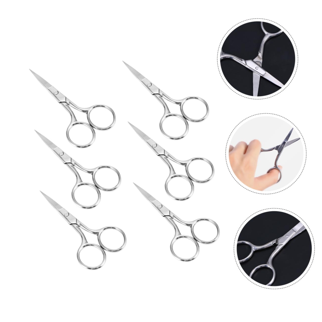 Forbici per Sopracciglia in Acciaio Inox 6 Pezzi Argento | Piccole Forbici Portatili, per Peli del Viso e Barba, Uso Domestico E'aperto