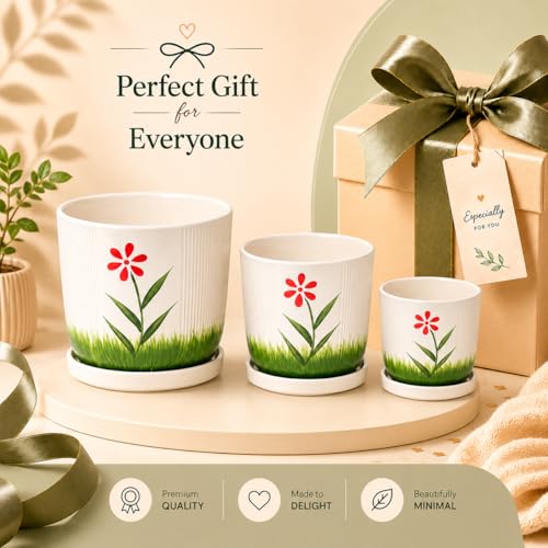 Image of Xtore Vibrant Floral Ceramic Planter Set with Drainage Saucers | Decorative Indoor Flower Pots for Living Room, Balcony, Office Desk & Tabletop Plant Display (Set of 3, White & Green - Planters only)