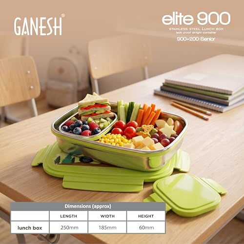 Image of Ganesh 900 Elite Stainless Steel Tiffin Box Set | 600ml Main Box + 125ml Container | Compact & Leak Resistant | Food Grade Stainless Steel Tiffin with Lid | Color May Vary