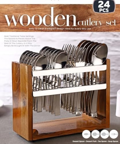 Image of Premium Wooden Cutlery Set Eco-Friendly Utensils for Sustainable Dining and Entertaining,Wooden Hanging Stand, 6 Tea Spoons,6 Table Spoons,6 Table Forks,6 Dinner Spoon, Spoon Set(24 Piece)
