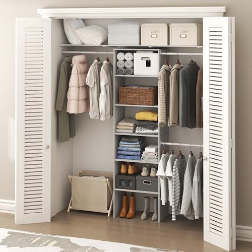 Image of Furinno FANO Closet Organizers and Storage, 5-Tier Wide Closet Storage Organizer with 3 Hanging Bars and Adjustable Shelf, Wardrobe Closet Shelf Tower, 14.8 x 23.6 x 82.1 for Bedroom, White