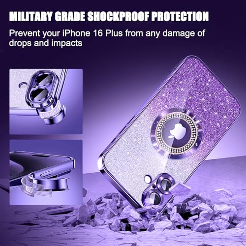 Image of Misscase for iPhone 16 Plus Magnetic Glitter Case Compatible with MagSafe,Full Protection Slim Shockproof Anti-Scratch Case with Camera Lens Protector Logo View Dust-Proof Net for Women Purple