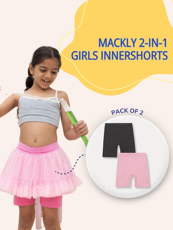 Image of mackly Girls Inner Shorts (Pack of 2) | 2-in-1 Seamless Panty Shorts with Gusset | Soft Breathable Base Layer for Dresses, Skirts