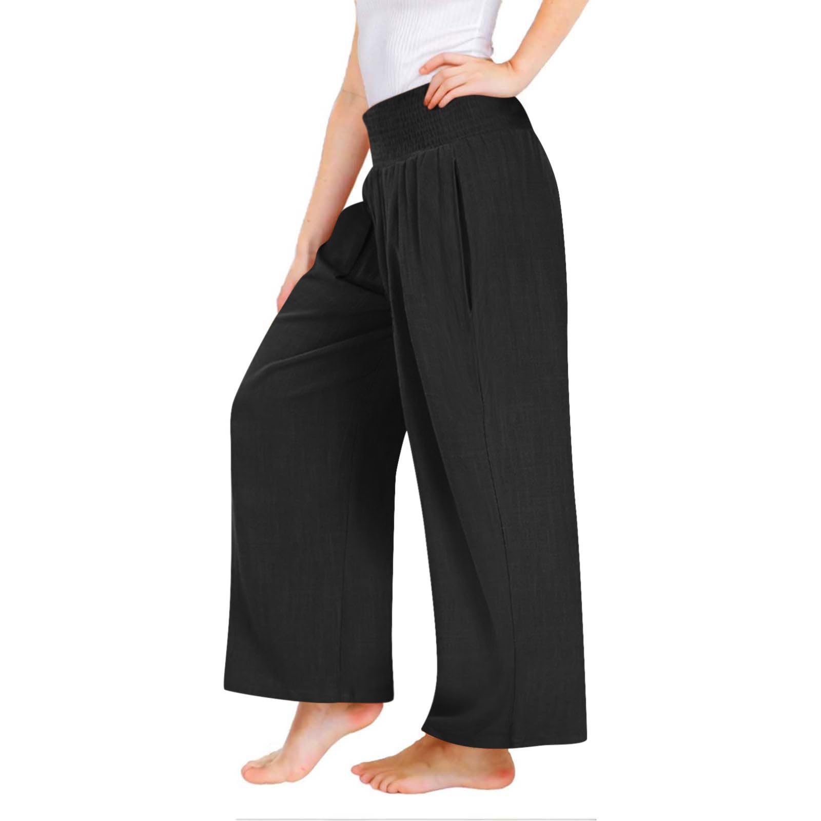 Girls Baggy Lightweight Linen Pants Solid Color Casual Beach Active Pants Boho Wide Leg High Waist Trousers (Black, 150)