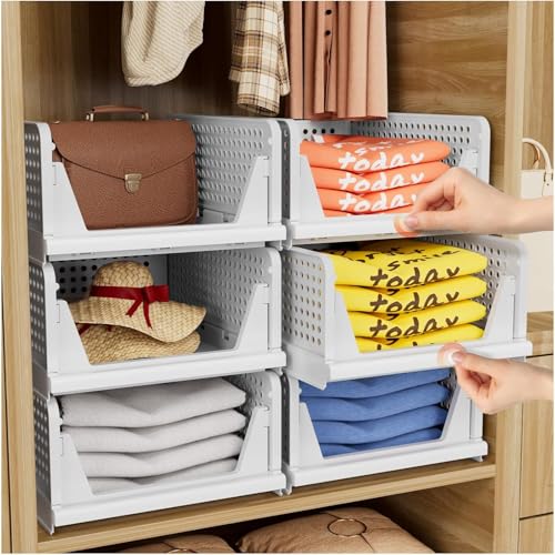 Image of JD FRESH 6 Pieces Foldable Wardrobe Organizer for Storage /Adjustable Cupboard Organiser for Clothes /Multipurpose Stackable Storage Rack /Polypropylene Sliding Drawer Basket /Shirt Stacker (White)