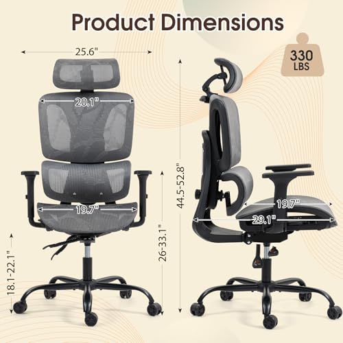 Image of ECOTOUGE Ergonomic Office Chair, High Back Mesh Computer Chair with Lumbar Support, Adjustable Headrest & 3D Armrests, Reclining Desk Chair for Home, Gaming Chair for Adults, 330LBS Capacity, Grey