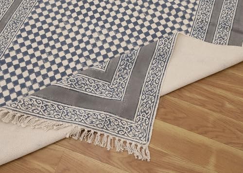 Hand Block Printed 8' Square Area Rugs for Living Room Gray Beige Geometric Design Dining Table Hall Room Dhurrie Bedroom Cotton Carpet Patio Easy Washable Boho Handmade Dhurrie - Image 9