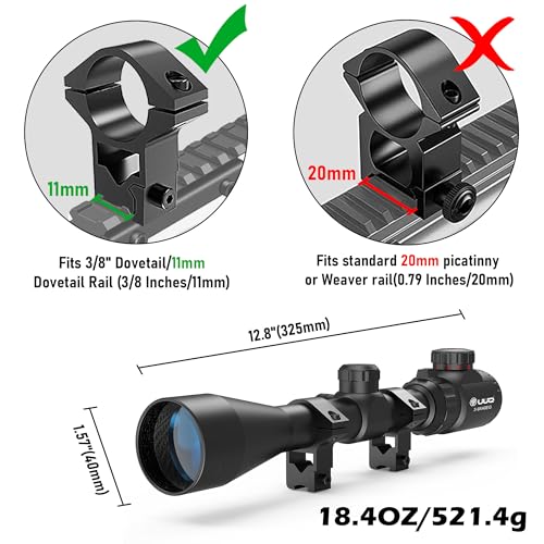 UUQ 3-9×40 Rifle Scope with Red/Green Illumination and Rangefinder Reticle-Includes Batteries,Fits 11mm Free Mounts,Waterproof and Fog-Proof