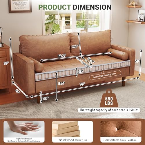 70" Loveseat Sofa Couch, Mid-Century Vintage Couches 2 Seat, Faux Leather with Solid Wood Frame Deep Seat, 2 Pillows for Living Room Apartment Office Small Spaces Brown