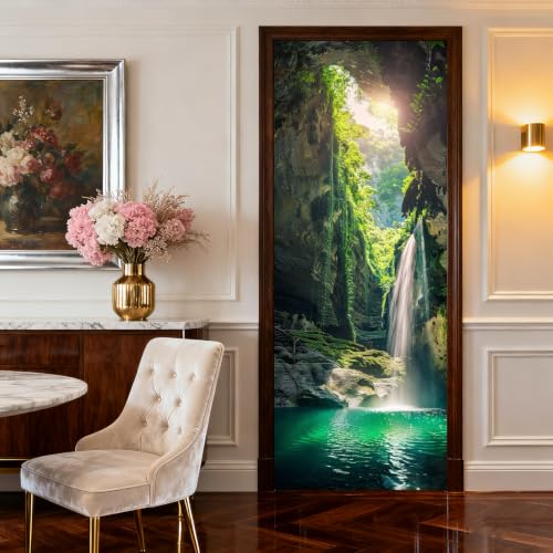 Image of Nuxovilar Oasis Cave Door Stickers Peel Stick PVC 30.3x78.7 Inches | Door Stickers Wall Decals Peel Stick Cover Vinyl Art Poster Bathroom Cabin Cottage (Waterfall Oasis)