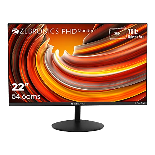 (Renewed) ZEBRONICS 22 inch 75Hz Monitor with FHD 1080p, Free sync Support, HDMI, VGA, 250 Nits max, 16.7M Colors, Built-in Speakers and Slim Bezel Less Design ZEB-S22A