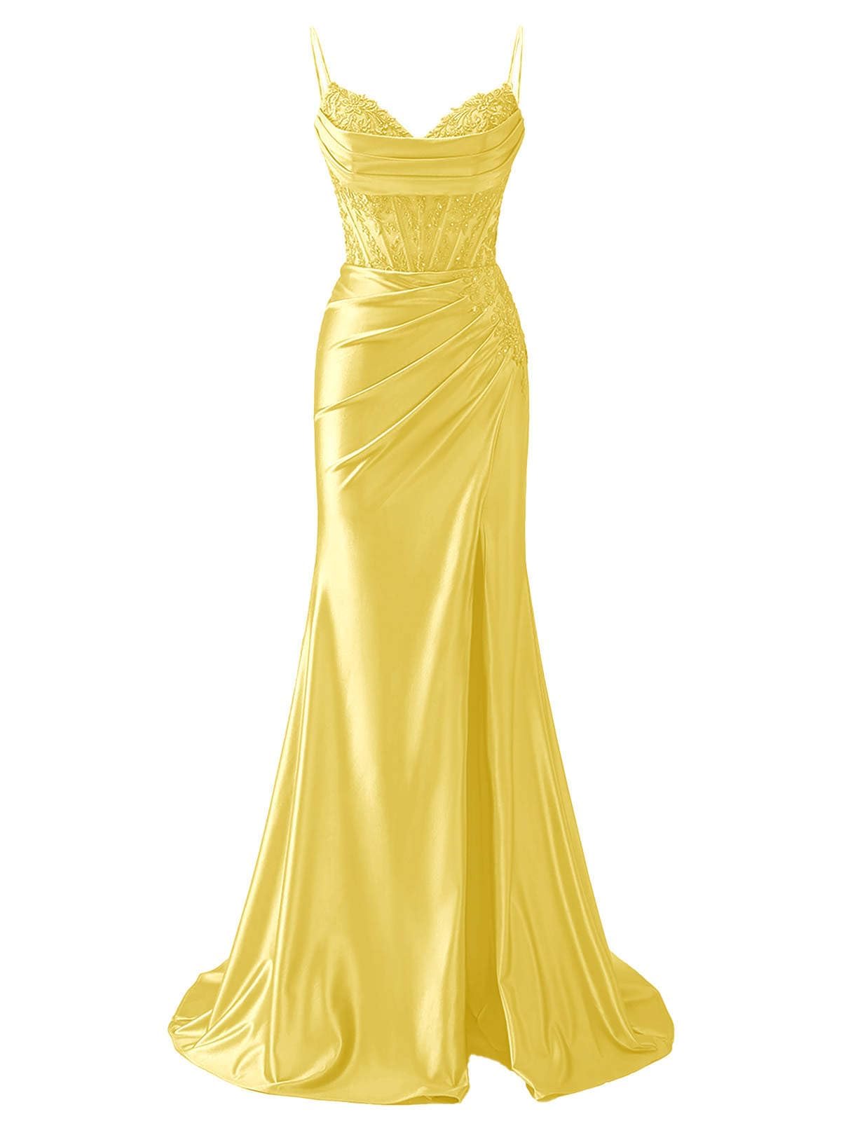 HPPEE Satin Yellow Prom Dresses with Slit for Women V Neck Spaghetti Strap Formal Party Dress with Lace Applique UK16